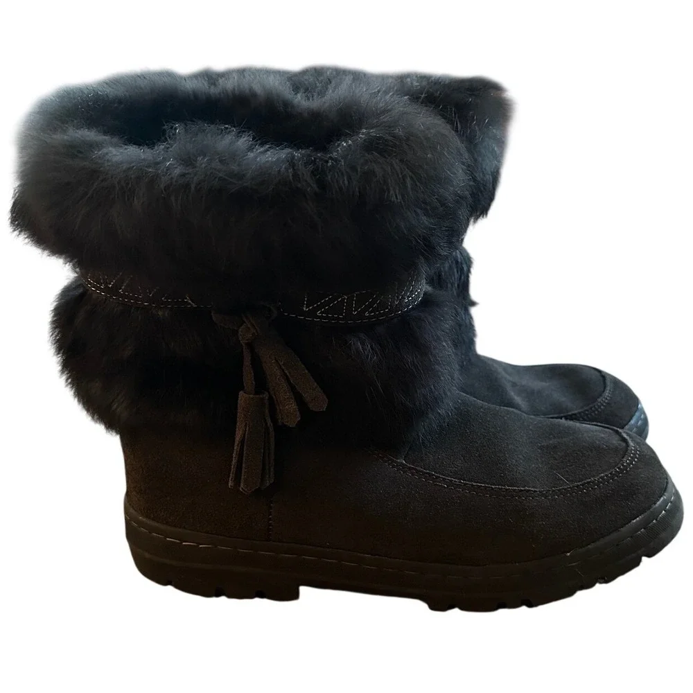 Minnetonka Black Suede Rabbit Fur Trim Winter Boots Women's‎ 10